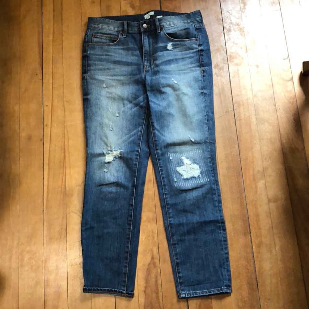 JCrew boyfriend fit, patchwork jeans